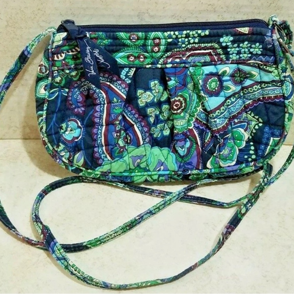 Vera Bradley Quilted Fabric Blue Green Paisley Floral Crossbody